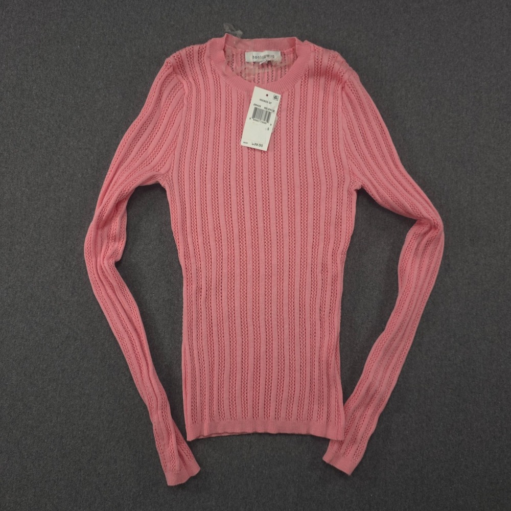 Hooked Up By Iot‎ Juniors' Pointelle Sweater Rose Geranium Pink Size Small - Picture 2 of 5